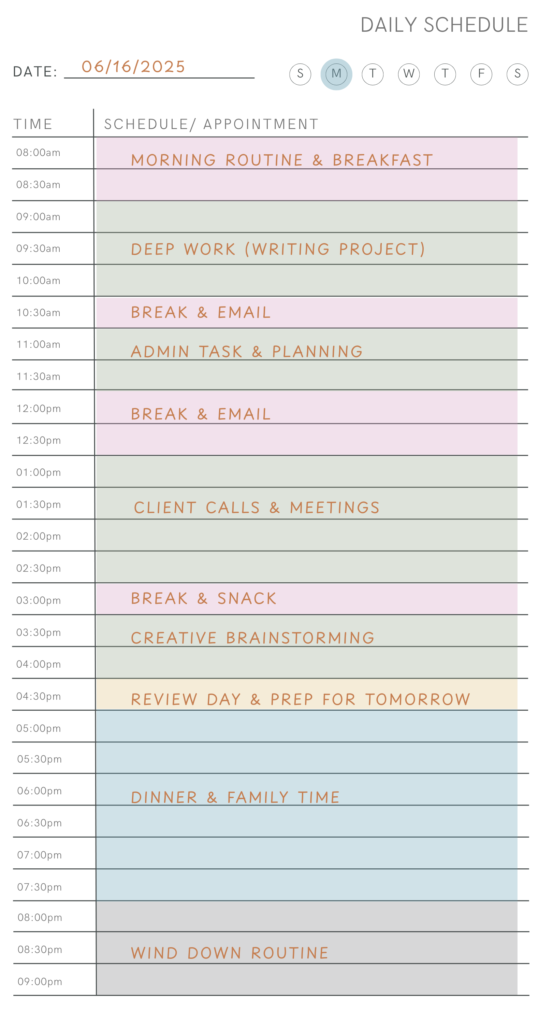 Time Block Schedule example for worker
