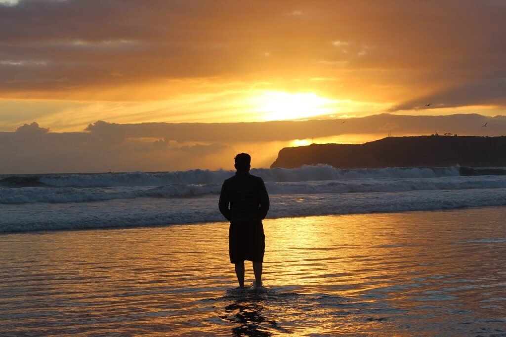 sunset, beach, beach with person, san diego beach, coronado beach, love beach, nature beauty, sadness, nature, lonely, man on the beach, beach view with sunset, beach landscape