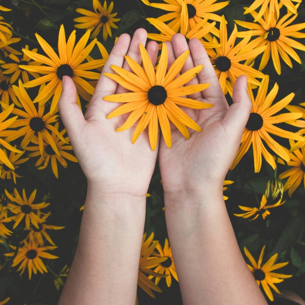 Close-up of hands holding vibrant yellow daisies, showcasing natural beauty and floral pattern.