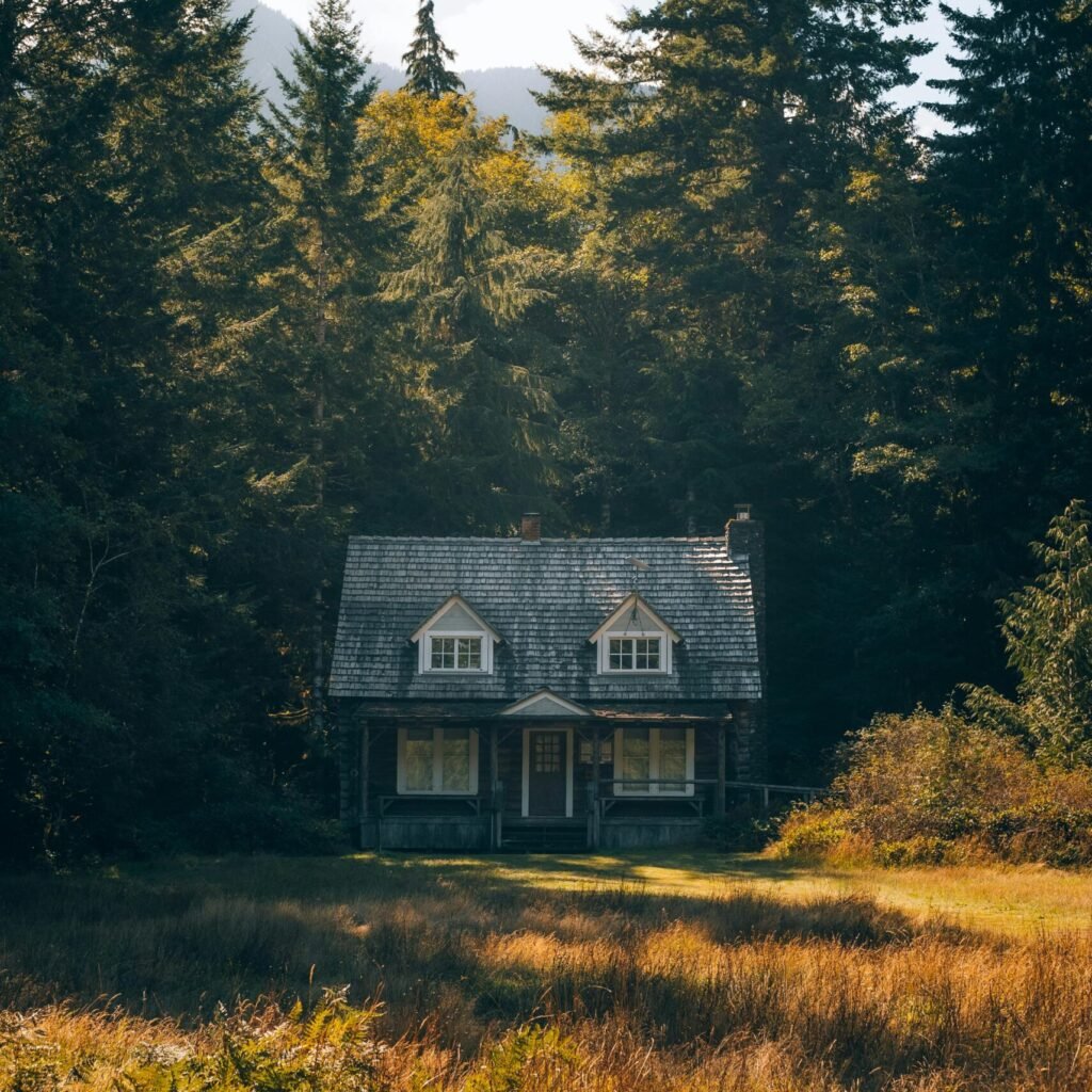 A rustic cottage surrounded by autumn trees in a serene forest landscape.