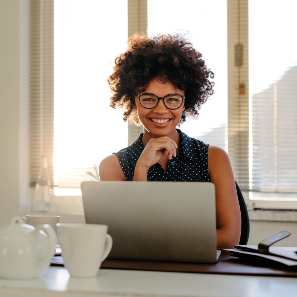 work lady happy balance laptop
